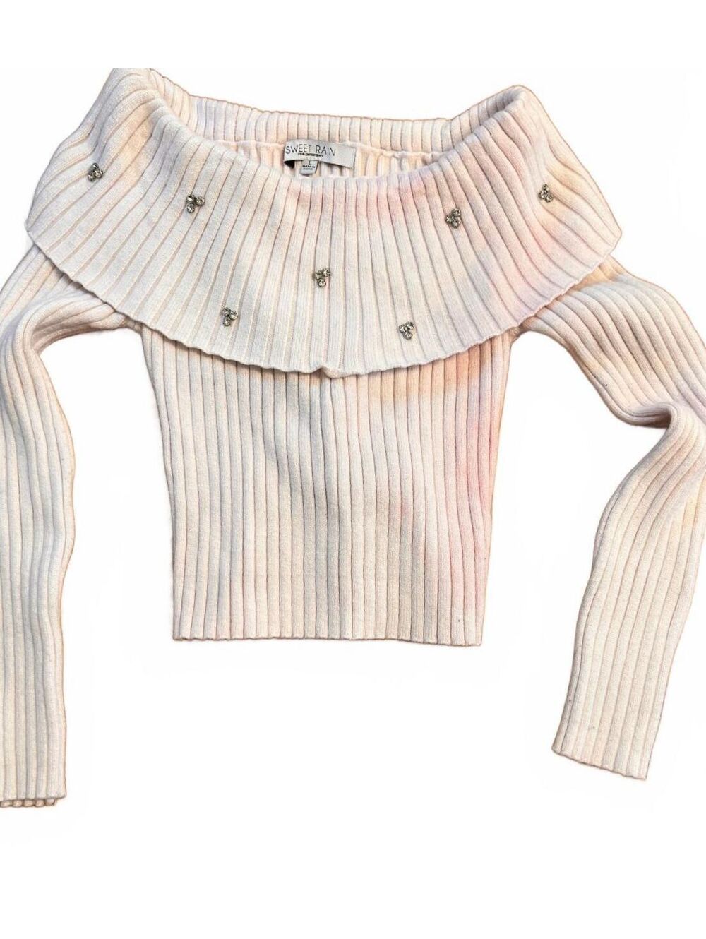 Sweet Rain Large Off-Shoulder Ribbed Knit Sweater with Rhinestone Detail